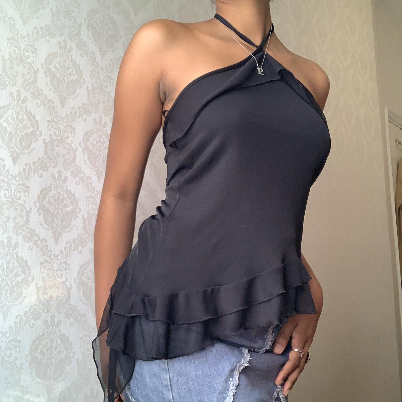 Y2k black halter top with tired detailing... - Depop