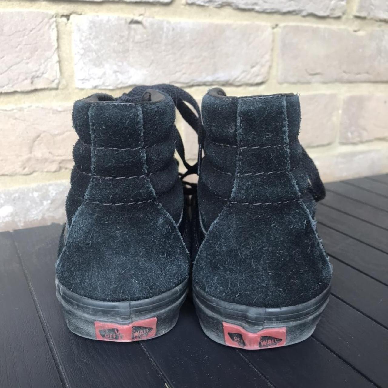 Black suede hi top vans with black stripe, red label... - Depop