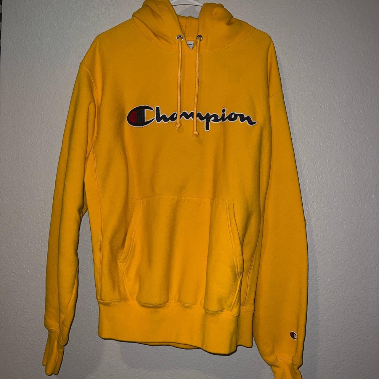 yellow champion hoodie #champion #hoodie #sweater... - Depop