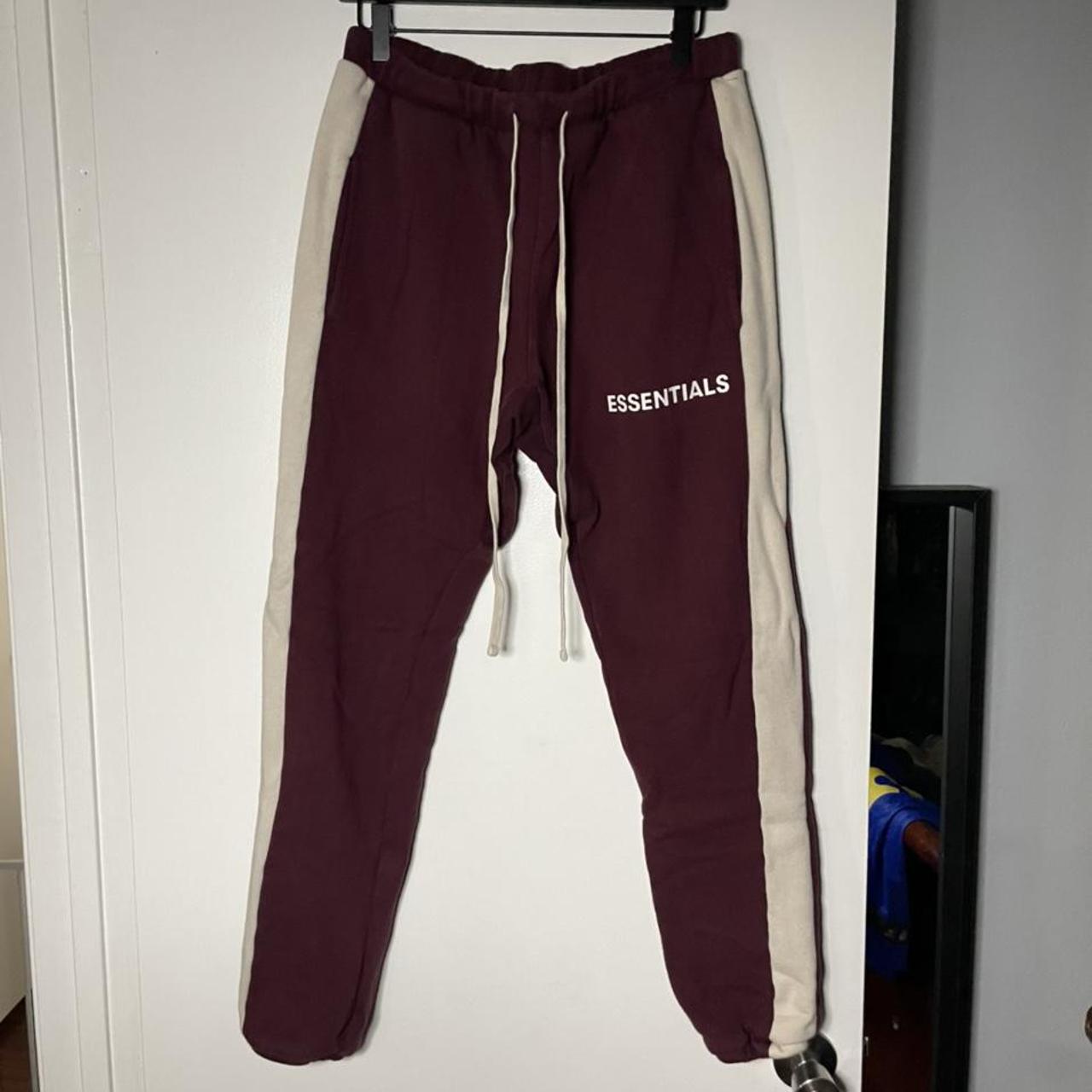 FOG essentials burgundy side stripe sweats Used but... - Depop