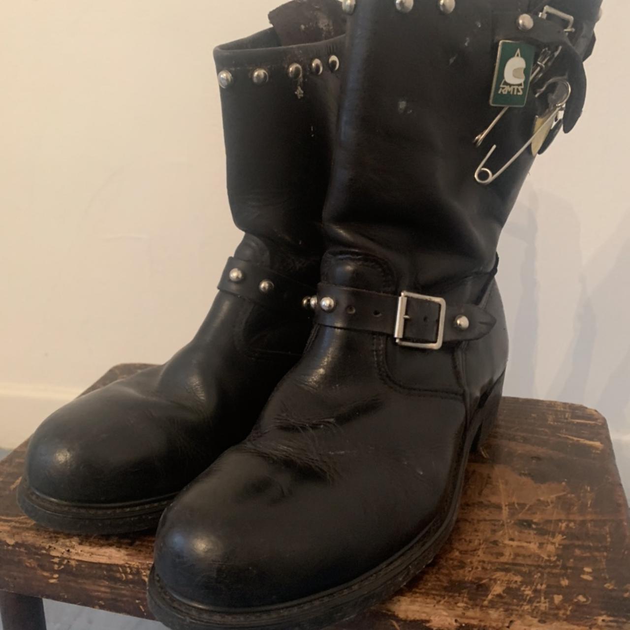 靴 Vintage Leather Studs Engineer Boots vintage Black Leather Engineer Boots Boulet Biker Rockabilly