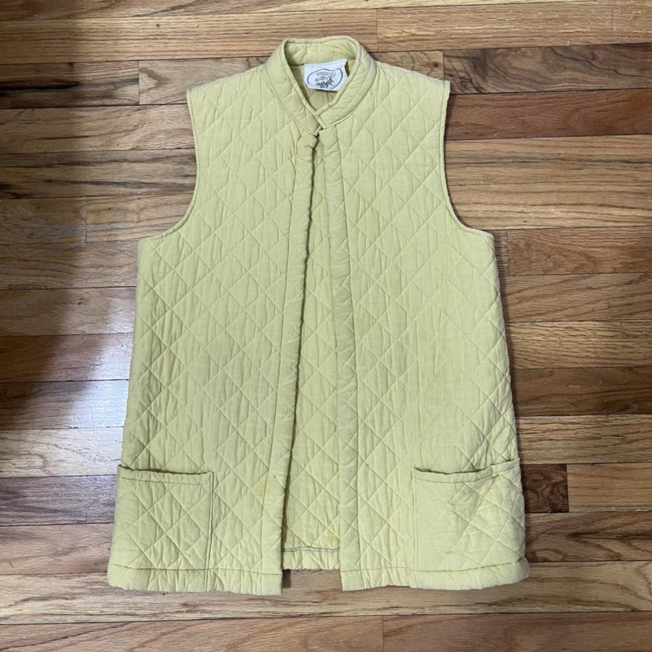 Vintage quilted pale yellow vest with blue... - Depop