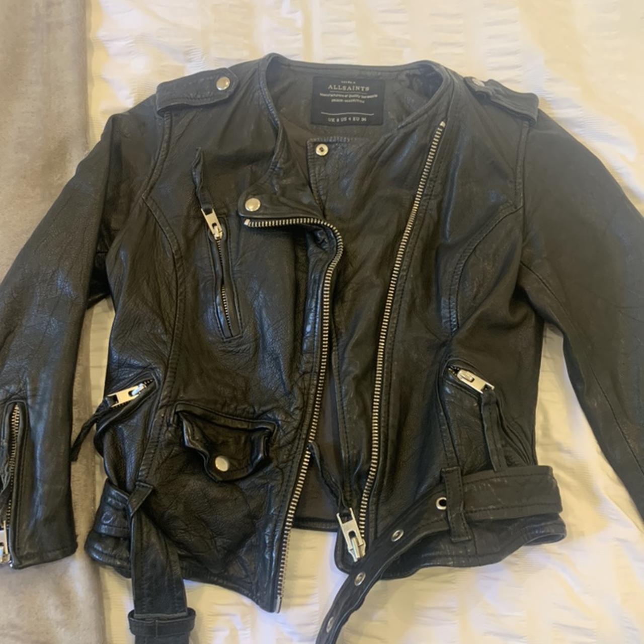 Allsaints Women's Black Cropped Riley Leather Biker - Depop