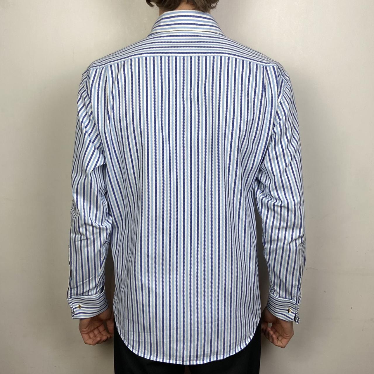 Vintage Yves Saint Laurent M Blue Stripy Shirt With... - Depop