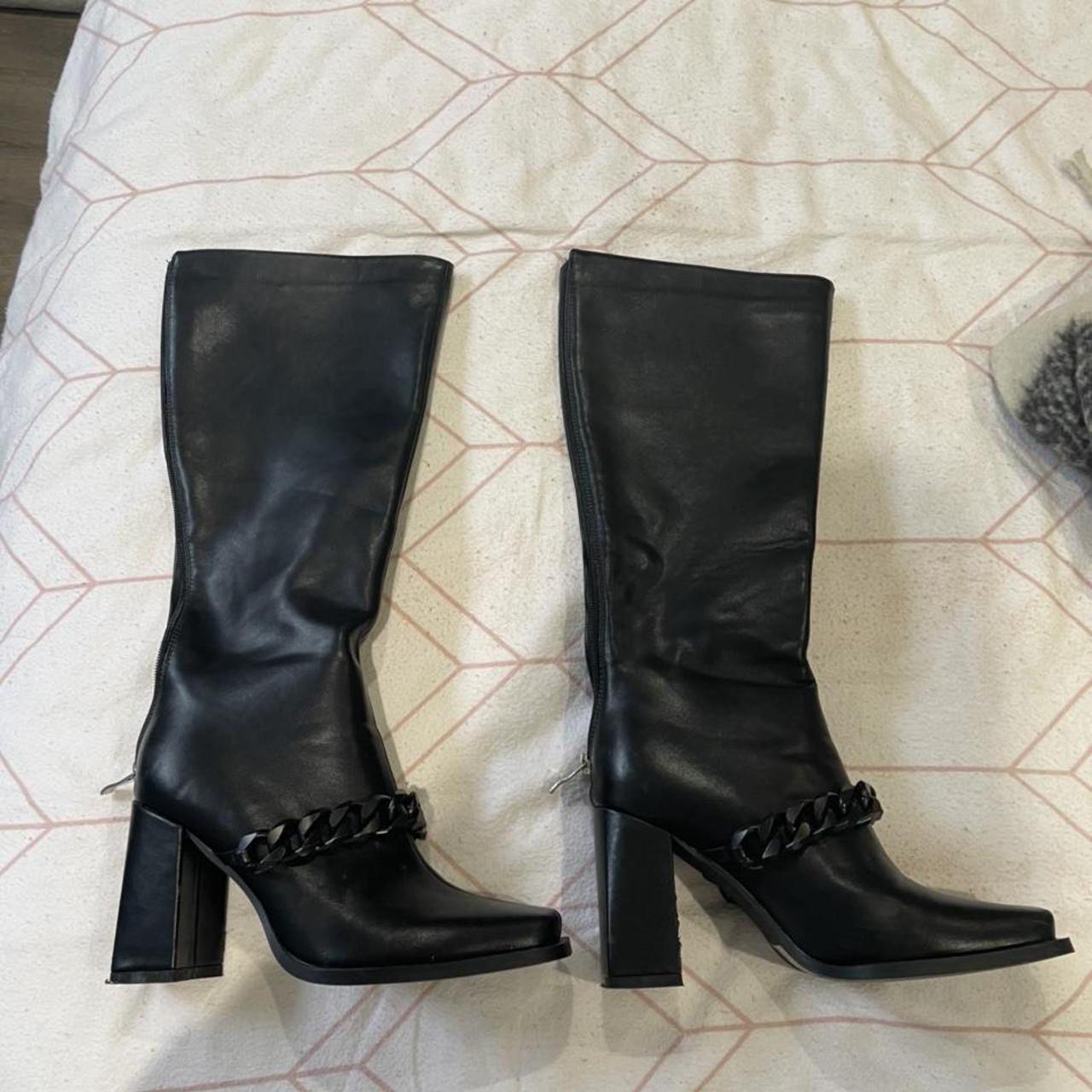 Pretty little thing long black boots with buckle... - Depop