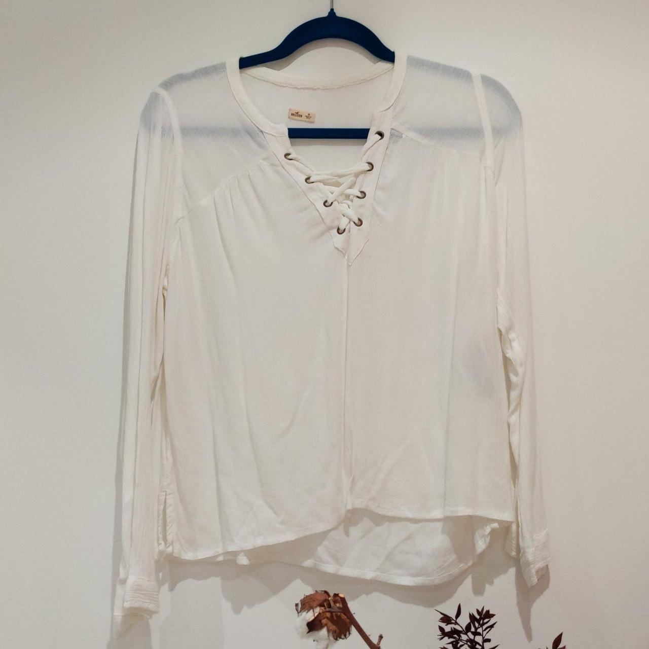 White, long sleeve, lace-up Hollister blouse. Worn... - Depop