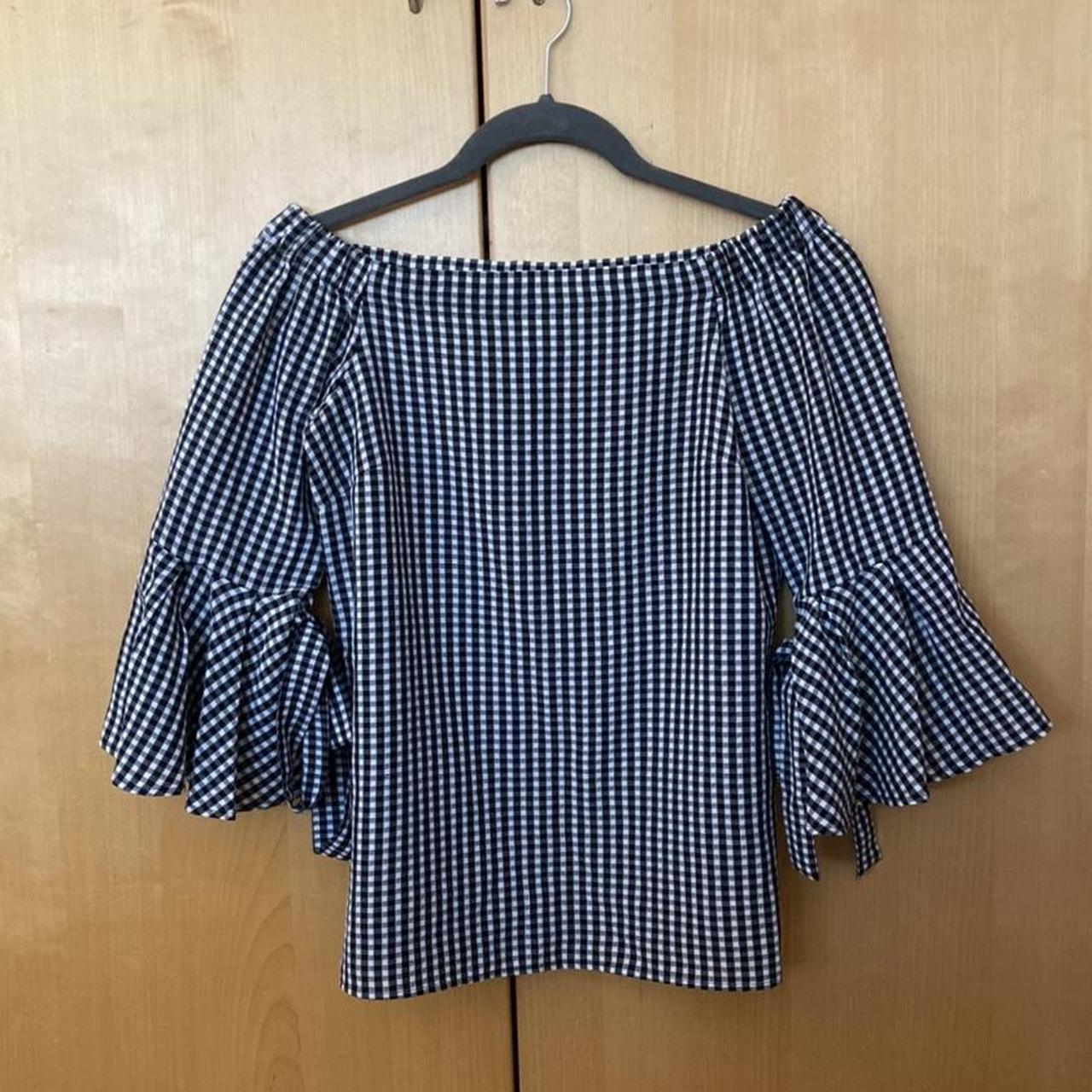 H&M Black and White Gingham Bardot Blouse in size... - Depop