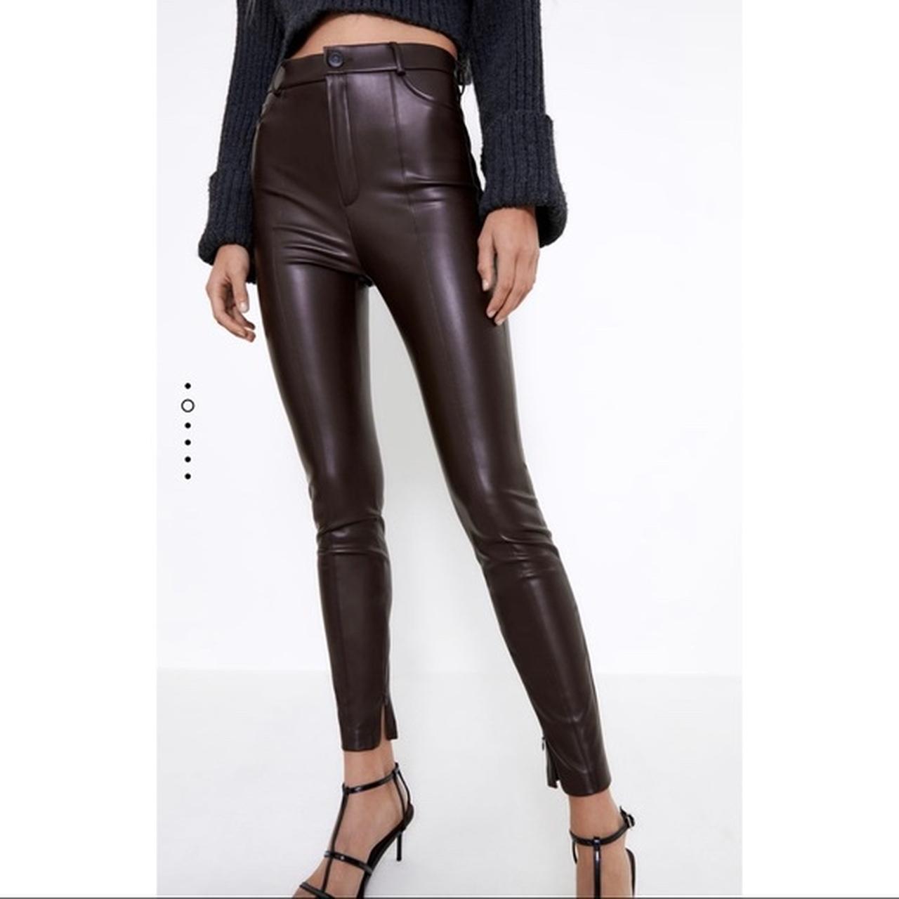 Chocolate brown Zara faux leather leggings. Perfect - Depop