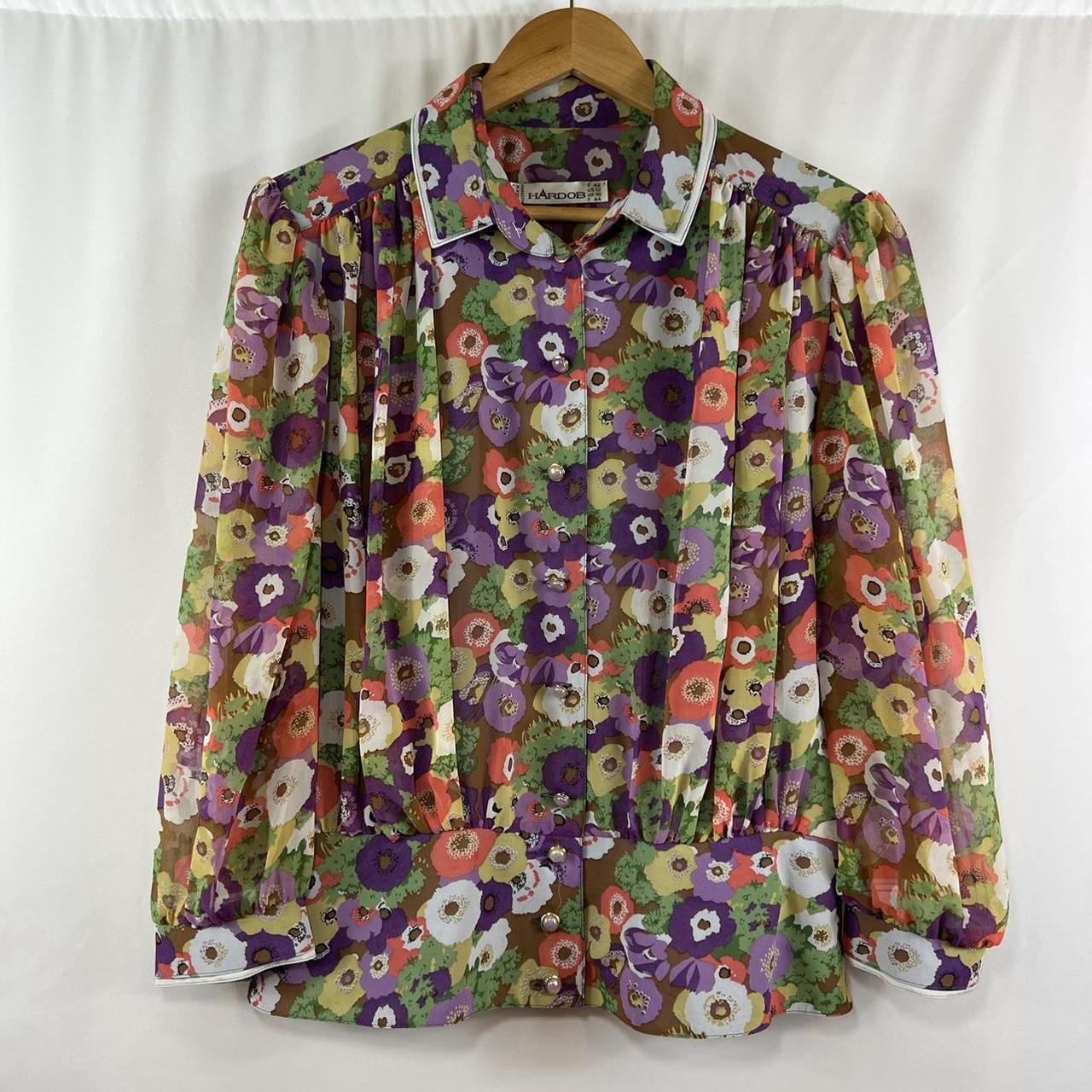 vintage late 80s floral blouse with sheer sleeves,... - Depop