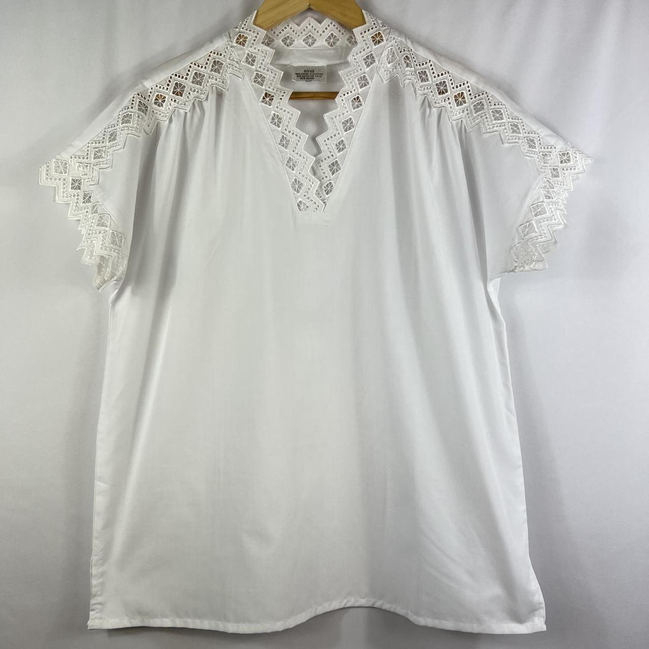 Vintage 90s White V Neck T Shirt with Broderie... - Depop