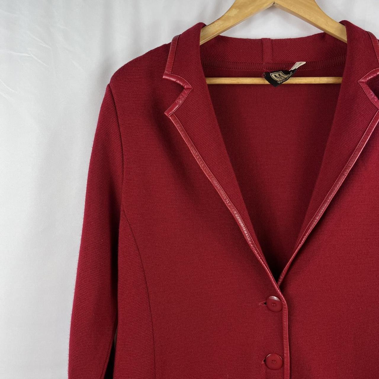 Vintage 90s Thick Knit Wine Red Blazer with Leather... - Depop