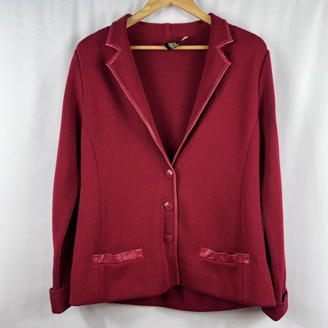 Vintage 90s Thick Knit Wine Red Blazer with Leather... - Depop