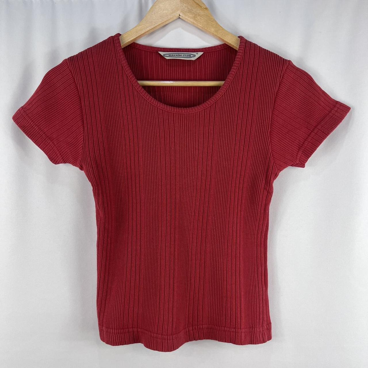 Vintage 90s 100% Cotton Red Ribbed T Shirt - Size... - Depop