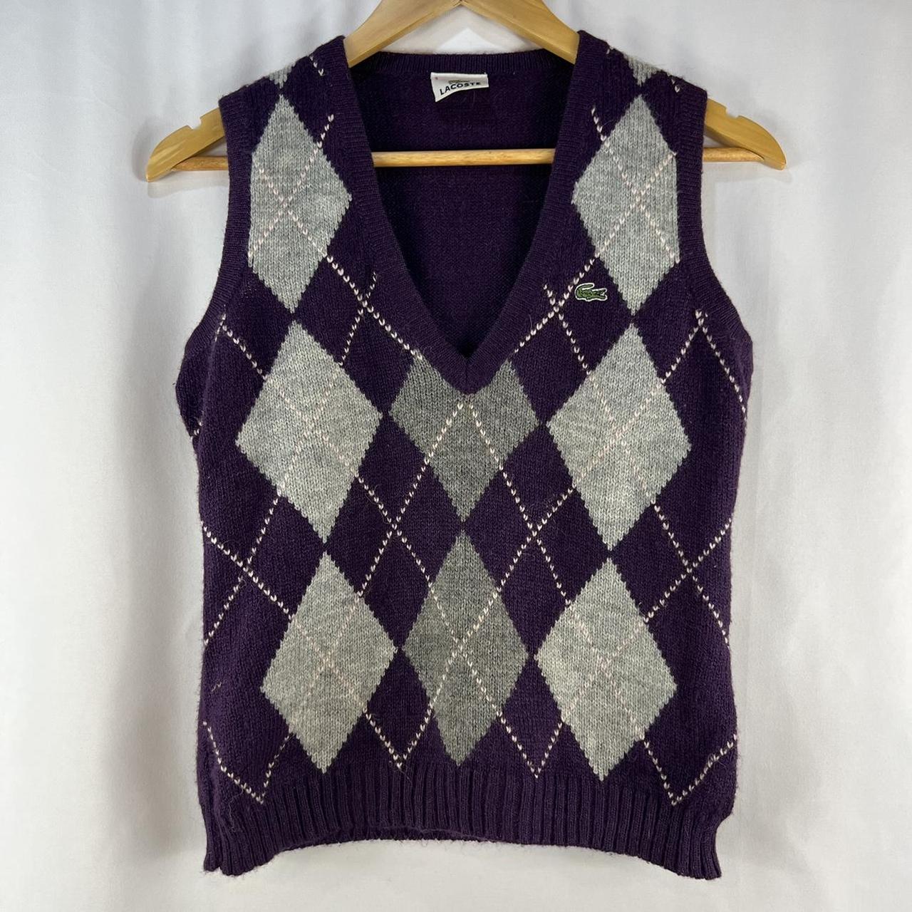 Lacoste Purple and Grey Argyle Knit V Neck Vest -... - Depop