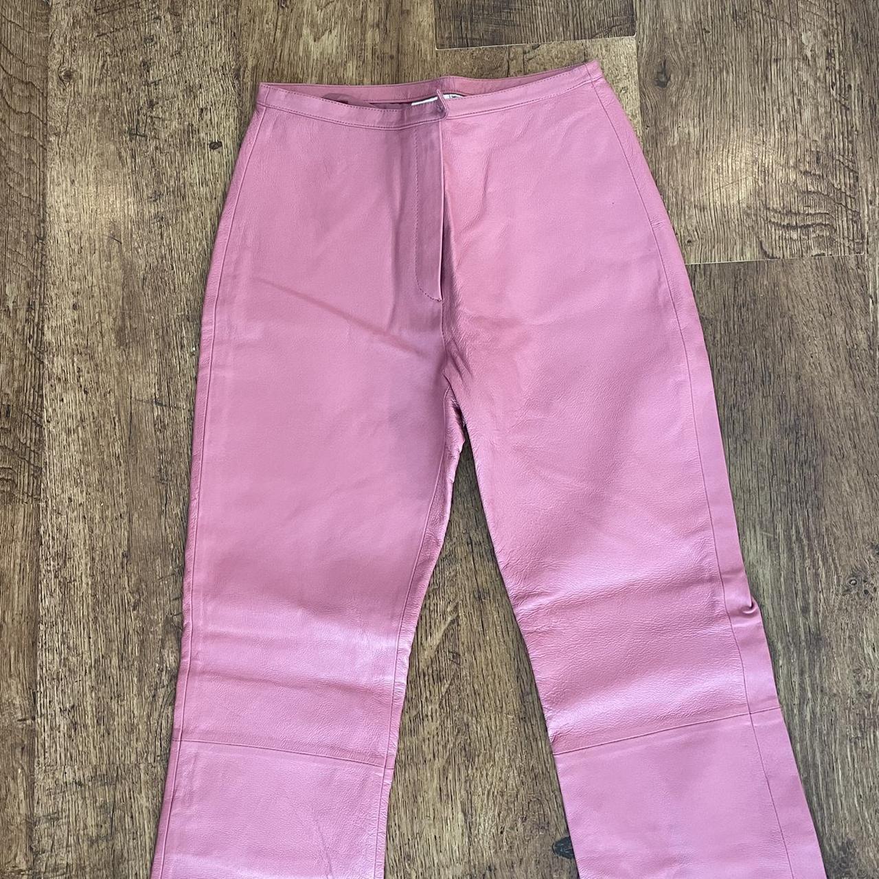 90s bubble gum pink Leather pants #y2k #leather... - Depop