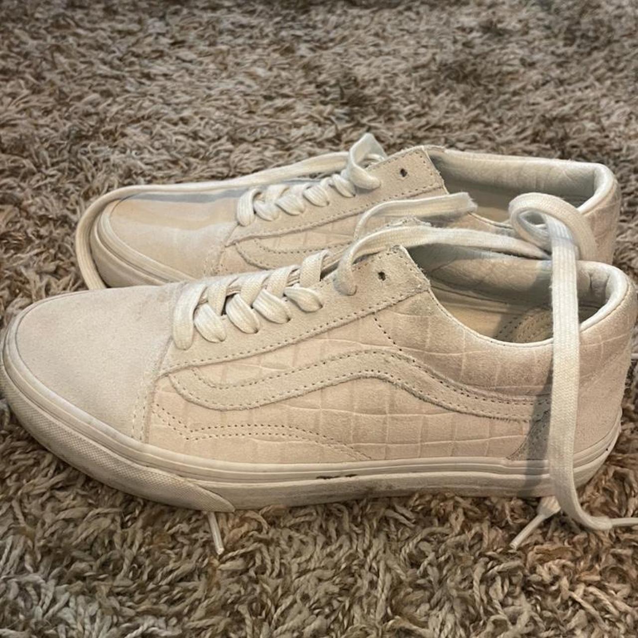 low top old skool vans checkered cream... - Depop