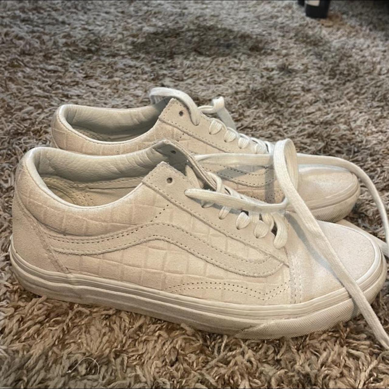 low top old skool vans checkered cream... - Depop