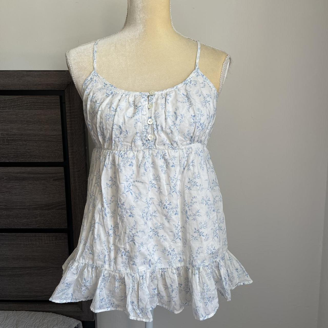 White dainty blue floral milkmaid babydoll cami top... - Depop