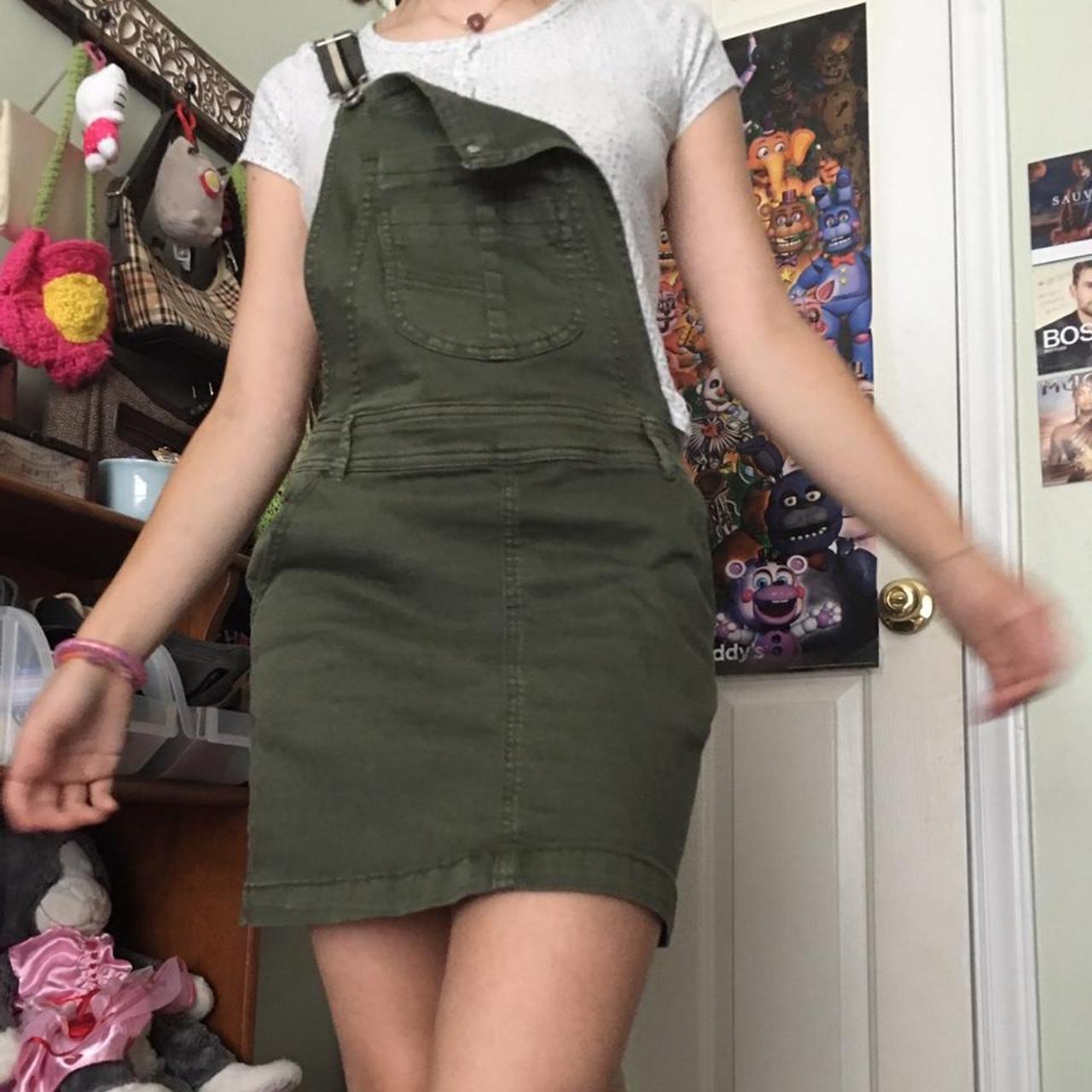 Army green overalls skirt w striped suspenders