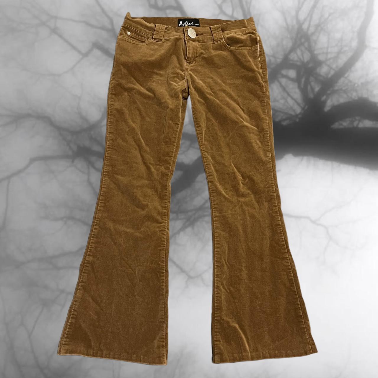 dark khaki/brown corduroy low rise flare pants,... - Depop