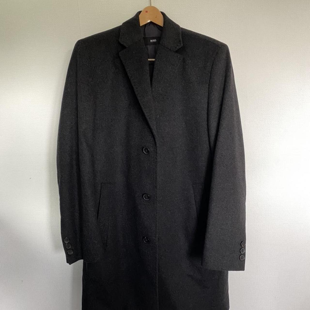 Hugo Boss lined charcoal grey wool overcoat in XL.... - Depop