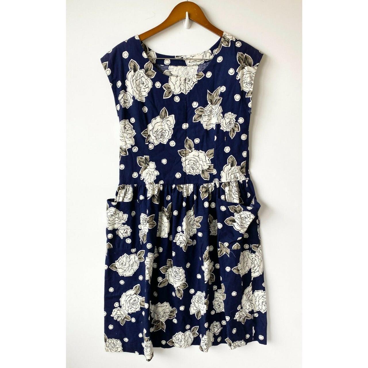 Vintage Midi Dress Women Medium Blue Floral Pockets... - Depop