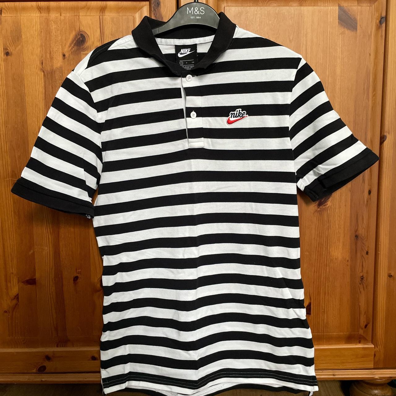 Black and white striped Nike polo shirt Size:... - Depop