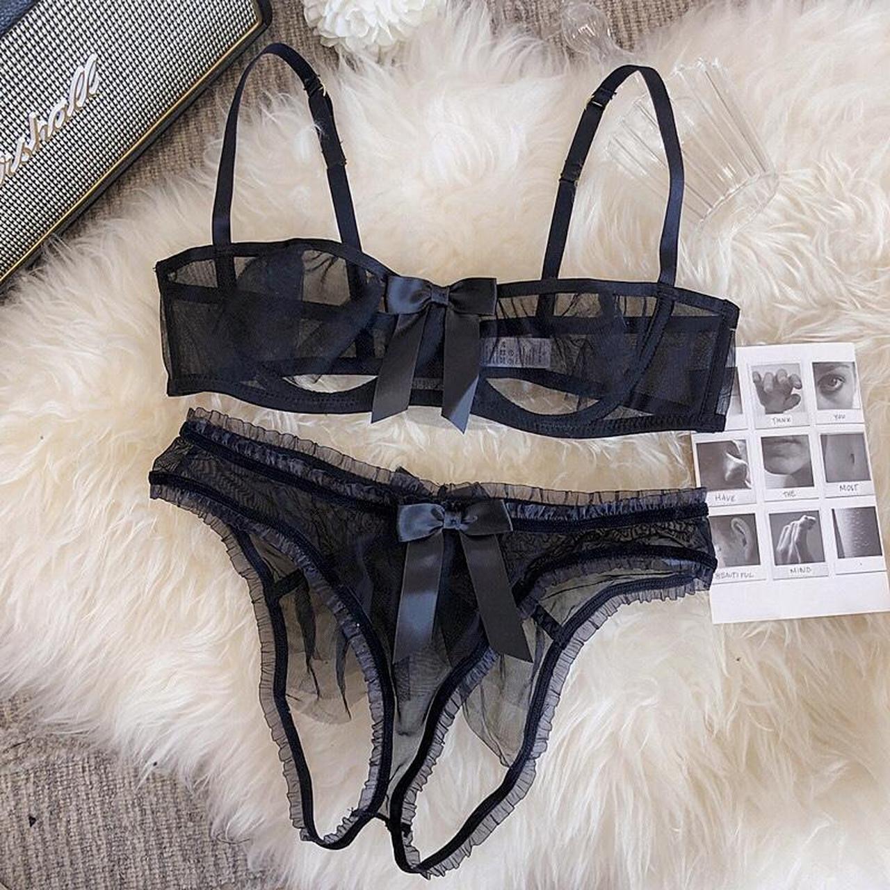 NEW black see through mesh lace lingerie set with... - Depop