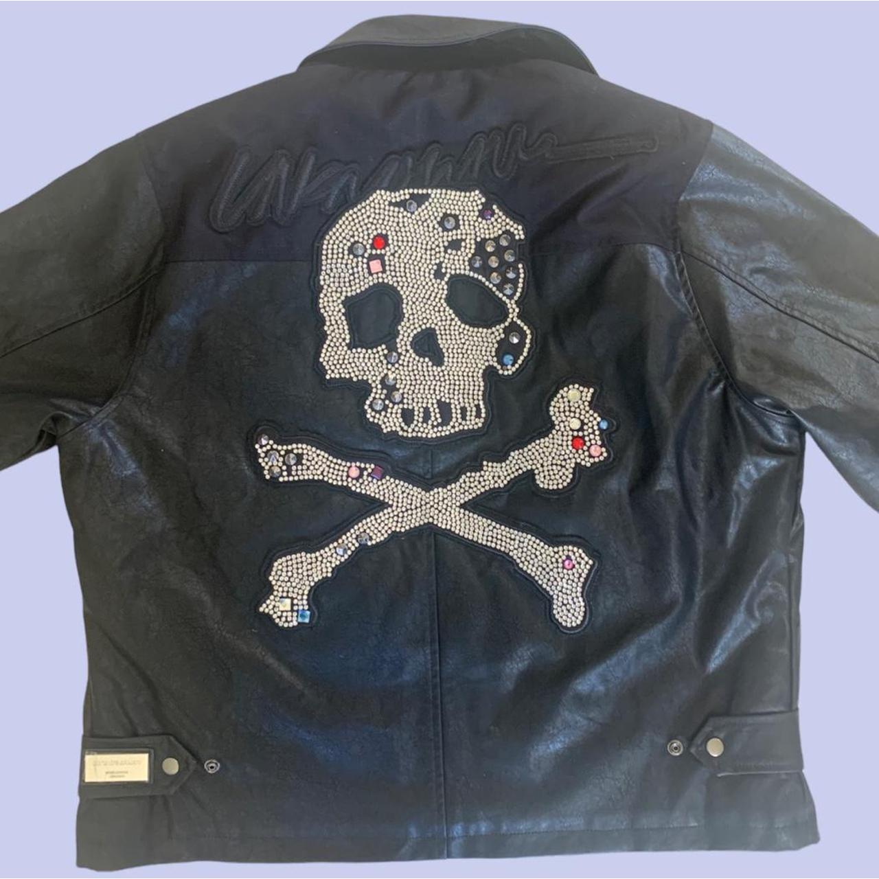 Unknown London rhinestone skull vegan leather jacket | Depop