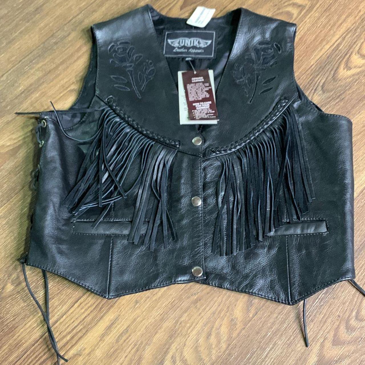 Vintage Black leather riding vest. Rose cut out... - Depop