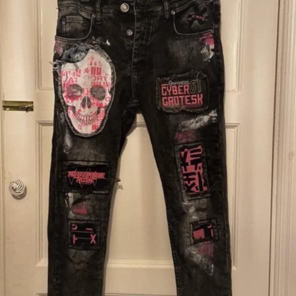 Custom Pink Cyber Punk Patchwork Skinny jeans 28/30W... - Depop