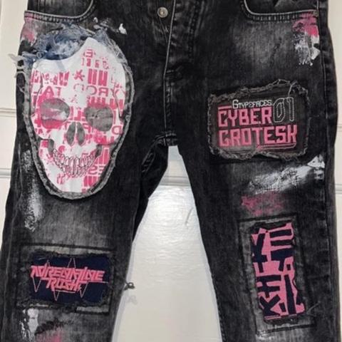 Custom Pink Cyber Punk Patchwork Skinny jeans 28/30W... - Depop