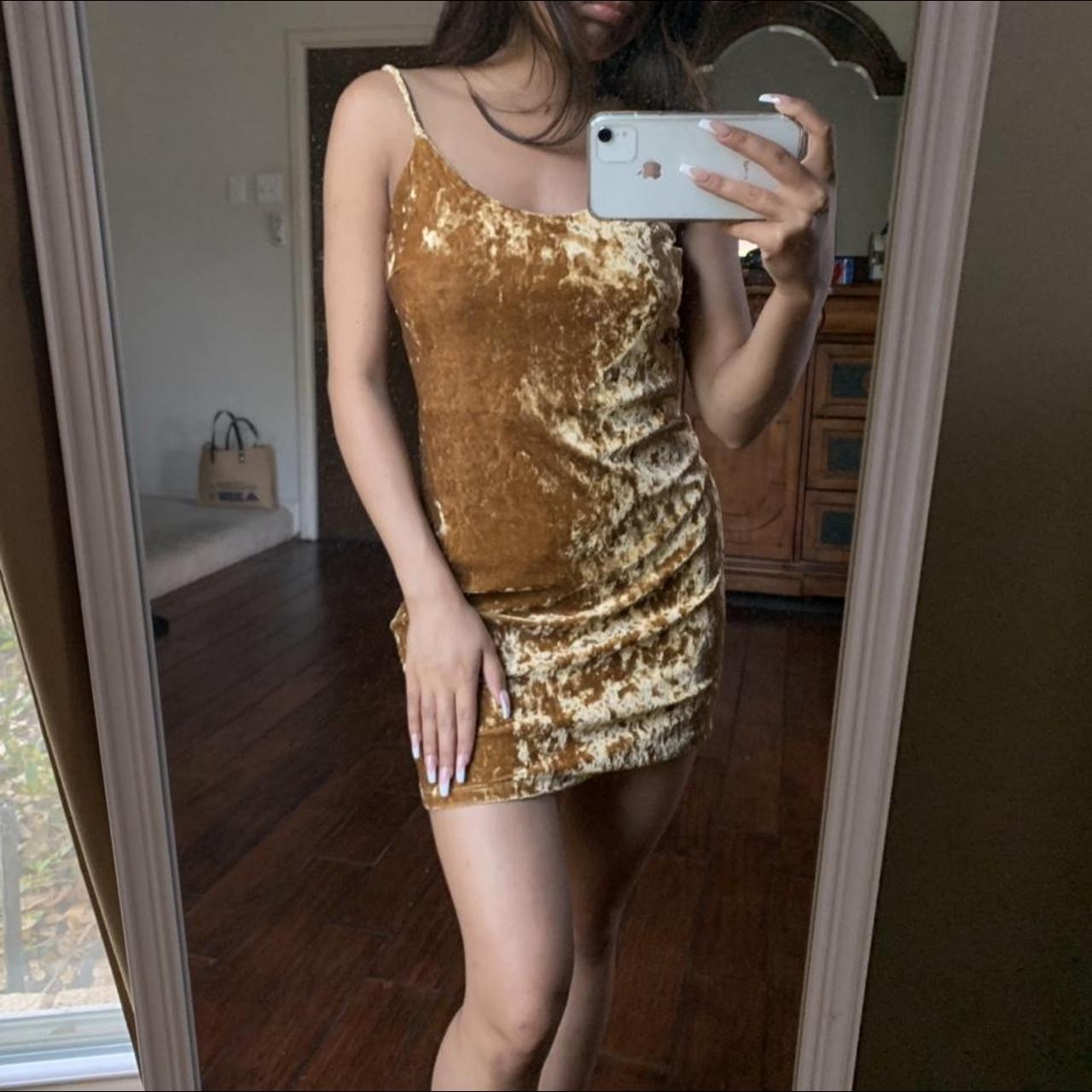 Gold velvet mini dress ⭐️ Size xs-sm Only worn once... - Depop