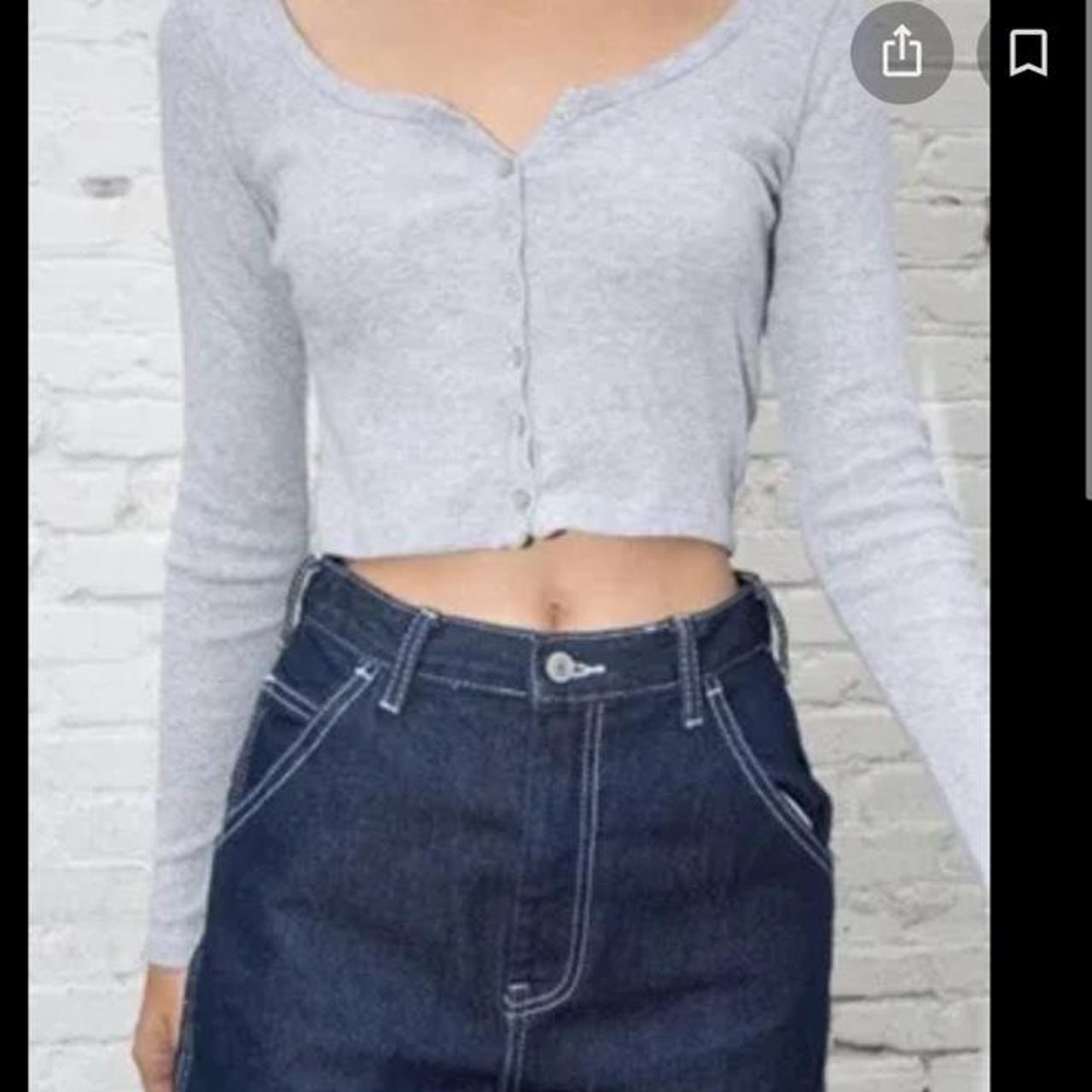 Brandy Melville Grey Cropped Long Sleeve Button Up... - Depop