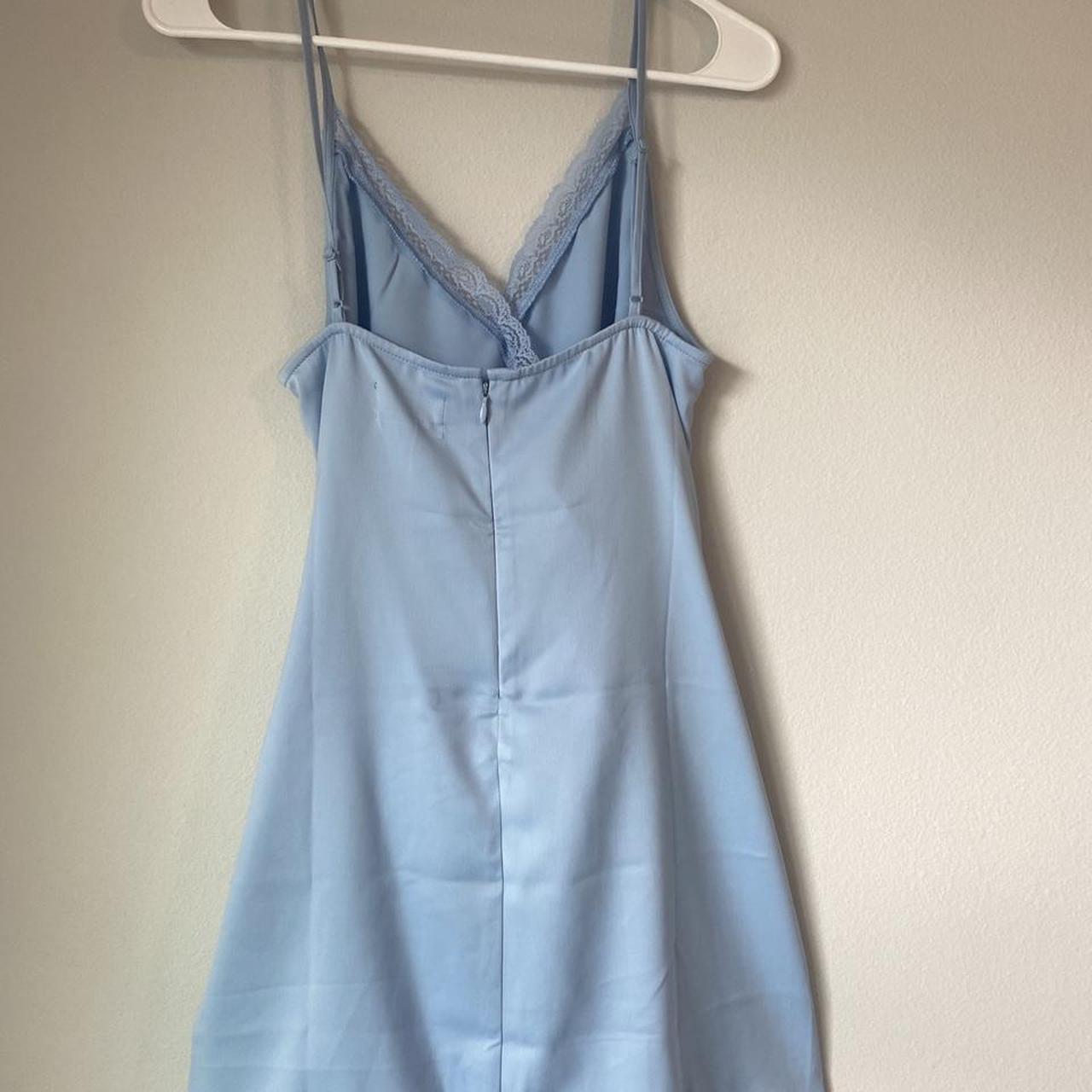 This medium baby blue satin dress with lace trim can... - Depop