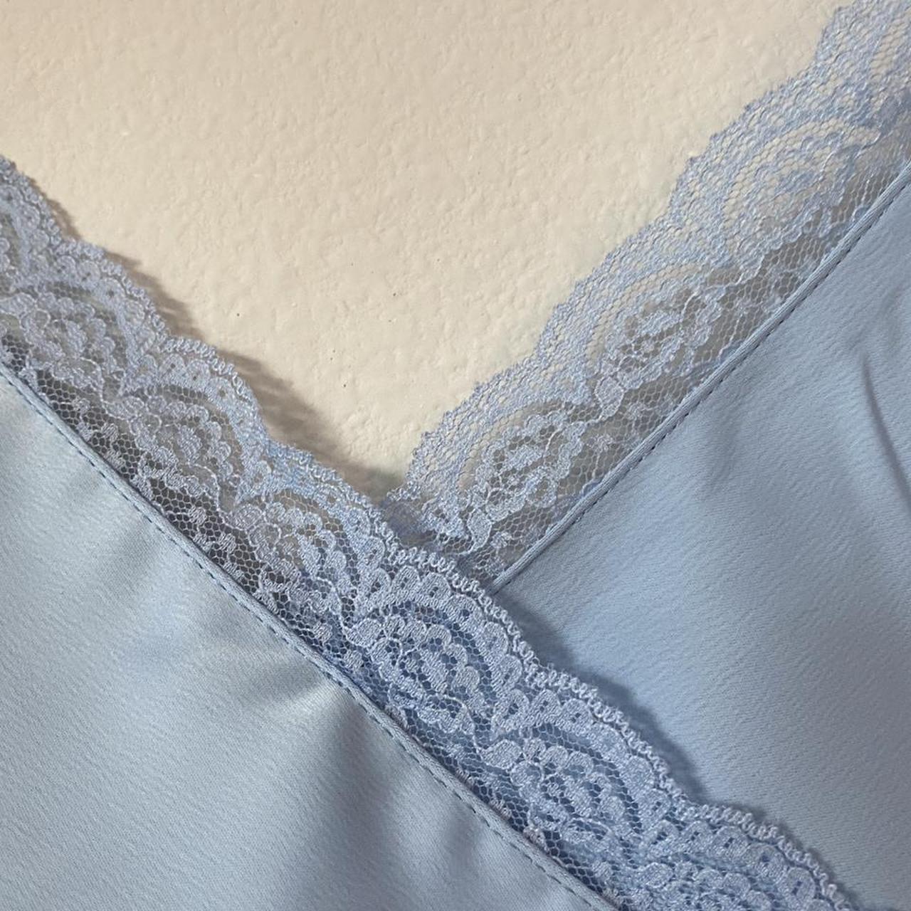 This medium baby blue satin dress with lace trim can... - Depop
