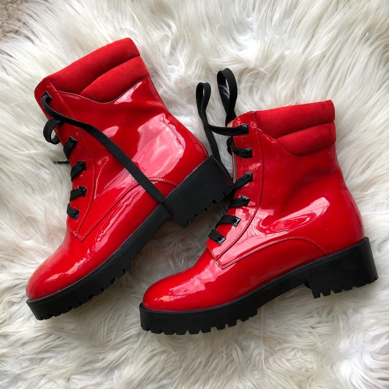 red patent biker boots