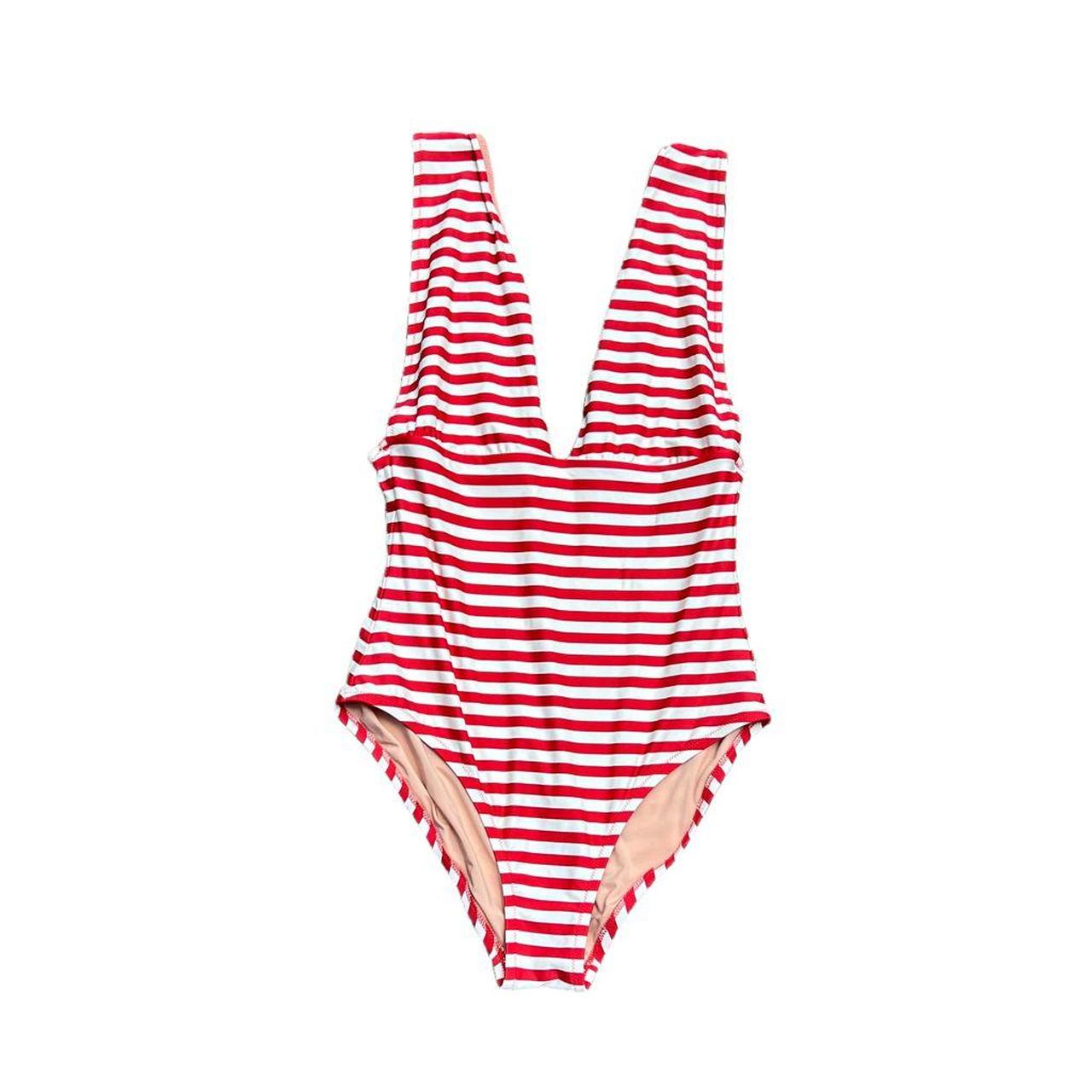 JCREW Red & White Plunging One Piece Swimsuit Size... - Depop