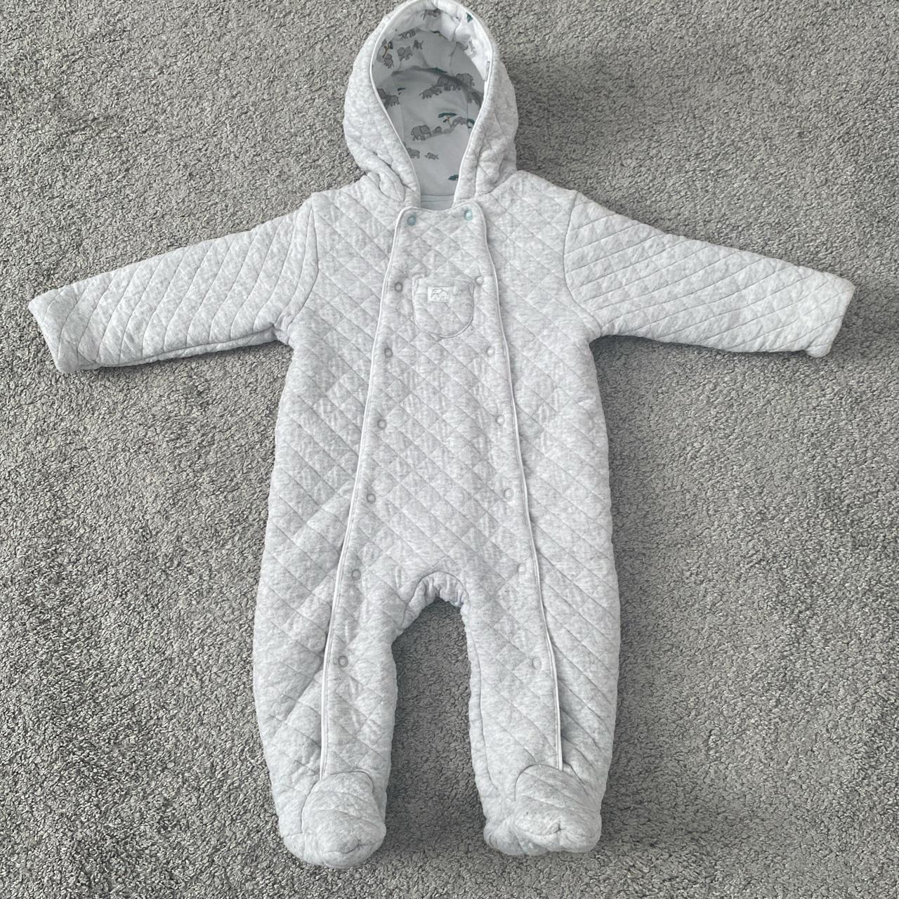 John Lewis grey quilted pram suit 69months Elephant... Depop