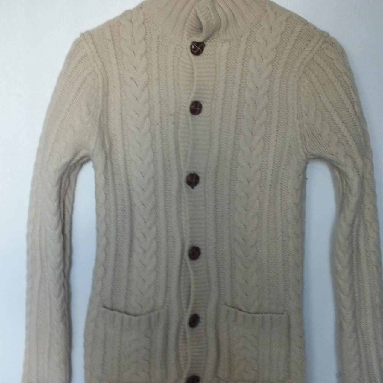 Cream cable knit wool cardigan, fastens with... - Depop