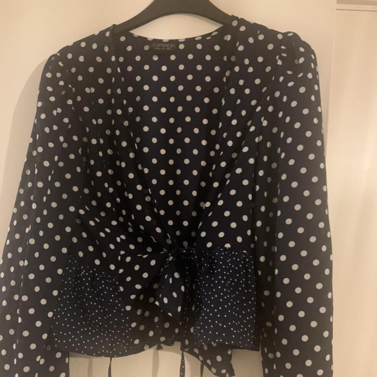 Topshop navy polka dot top in size 8 Perfect wrap... - Depop