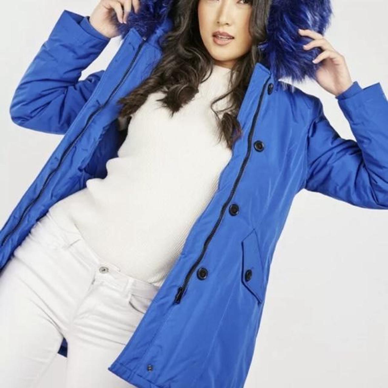 Attentif Padded royal blue coat with statement faux... Depop