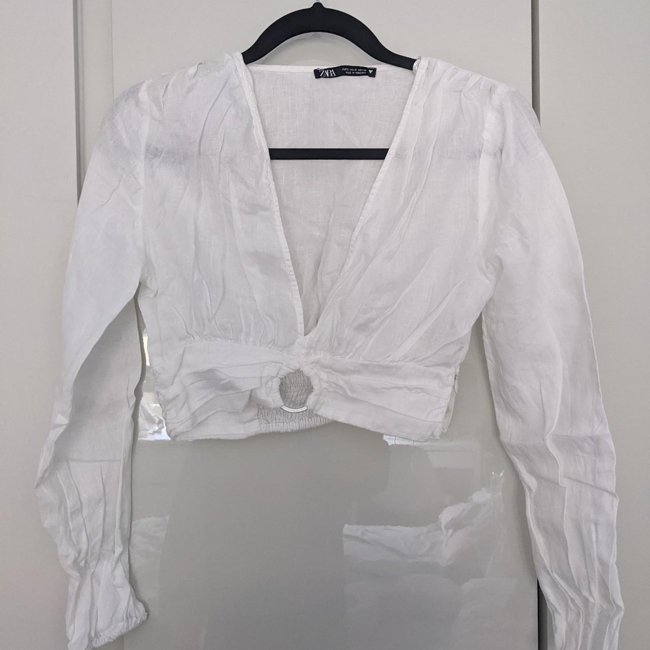 Zara draped white linen top low cut Size S Zip on... Depop