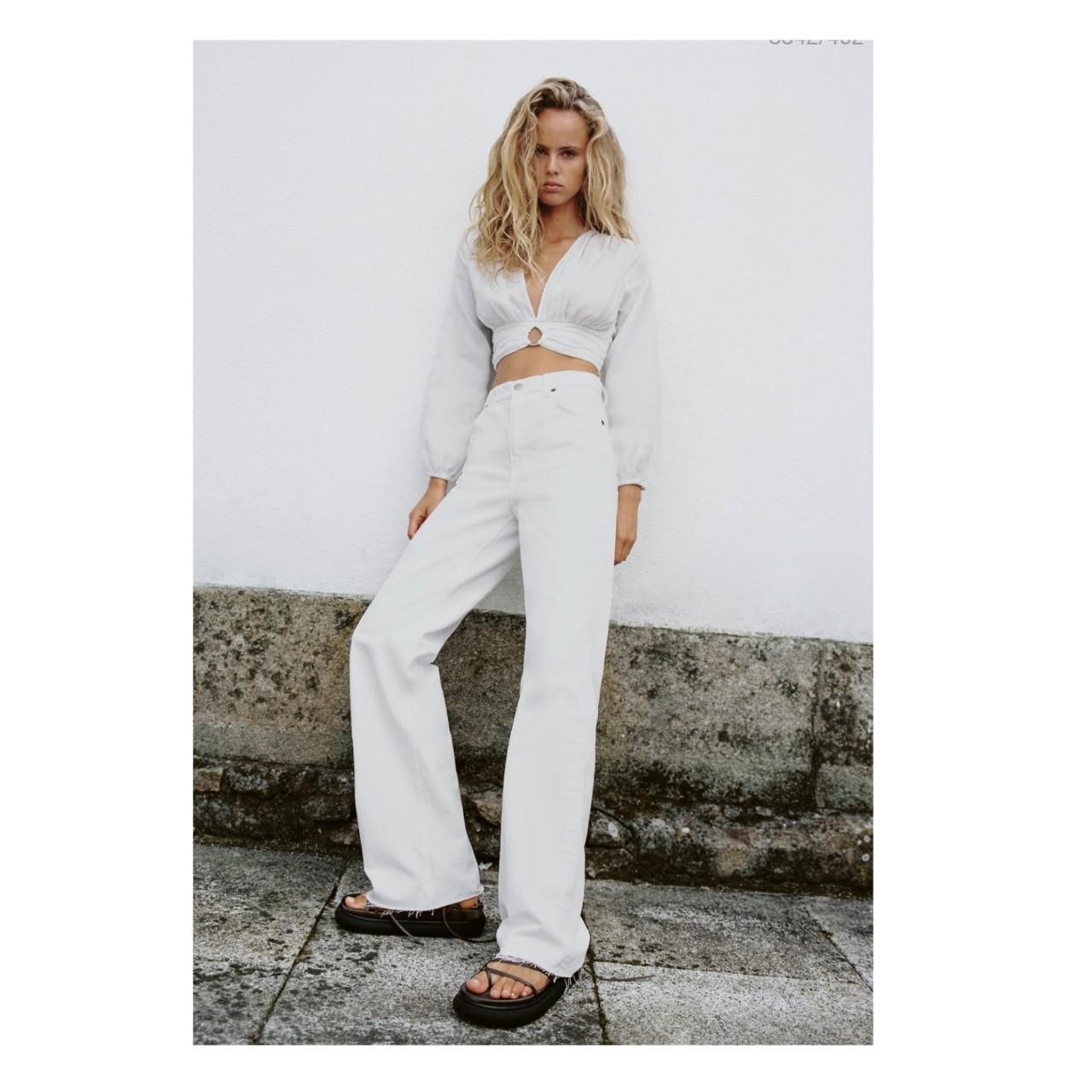 Zara draped white linen top low cut Size S Zip on... Depop