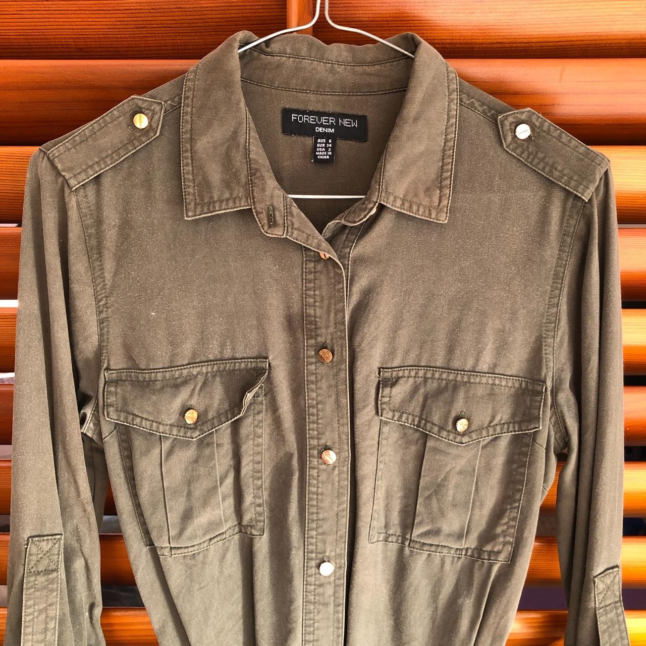 Forever New Khaki Denim Pocket Shirt Dress with tie... Depop