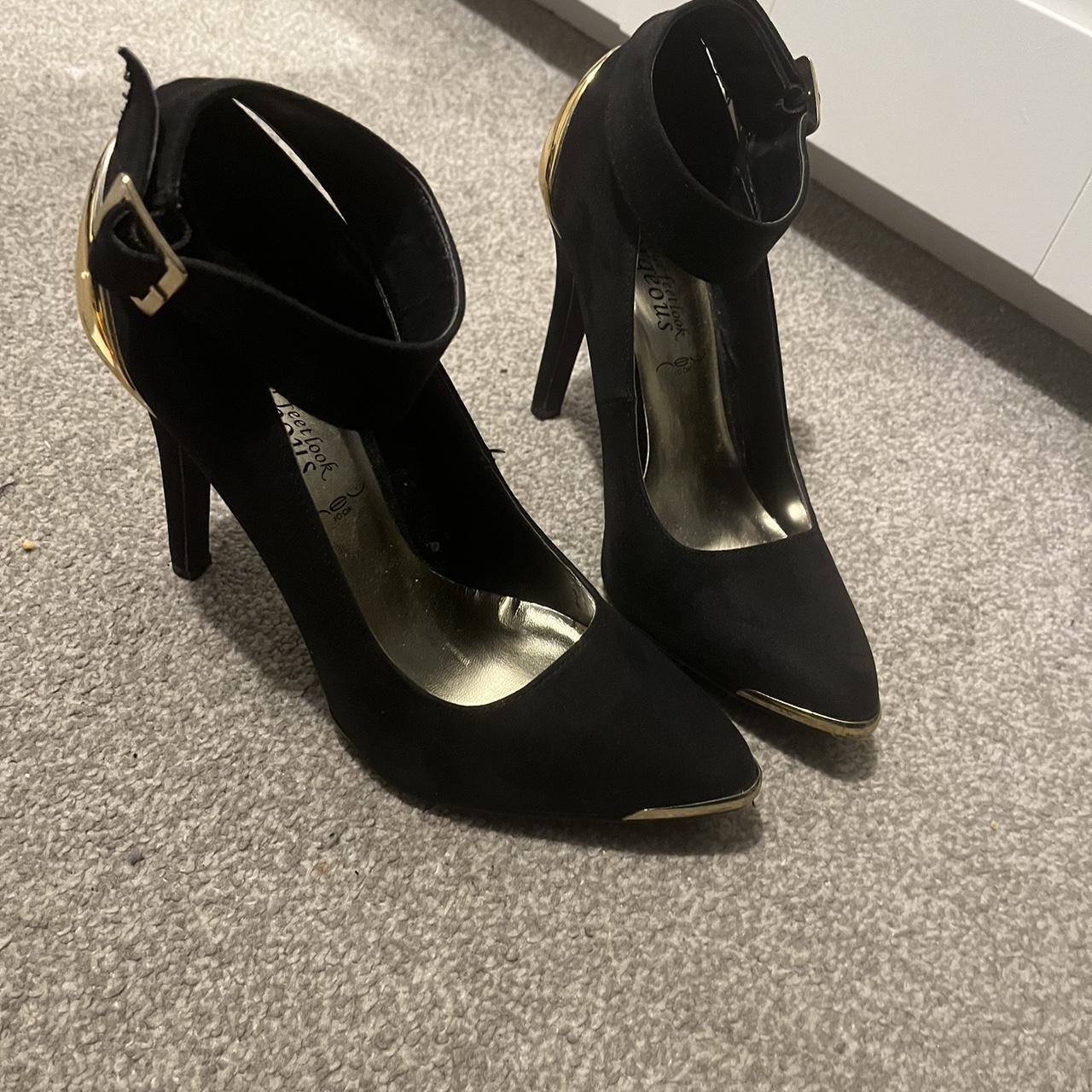 Black and gold heels, tie up buckle around... Depop