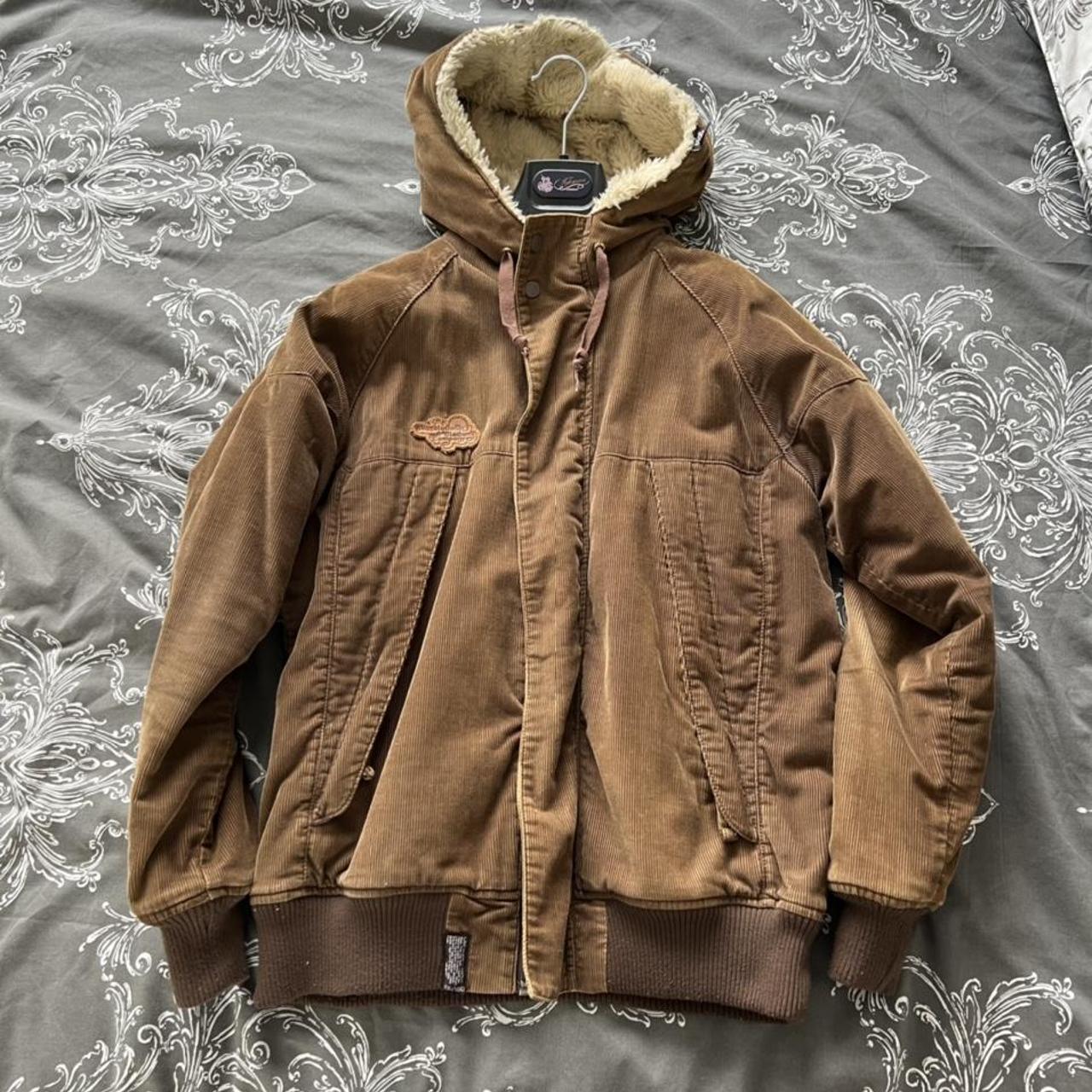 Men’s LRG Jacket Brown Cord with Cream Hood LRG - Depop