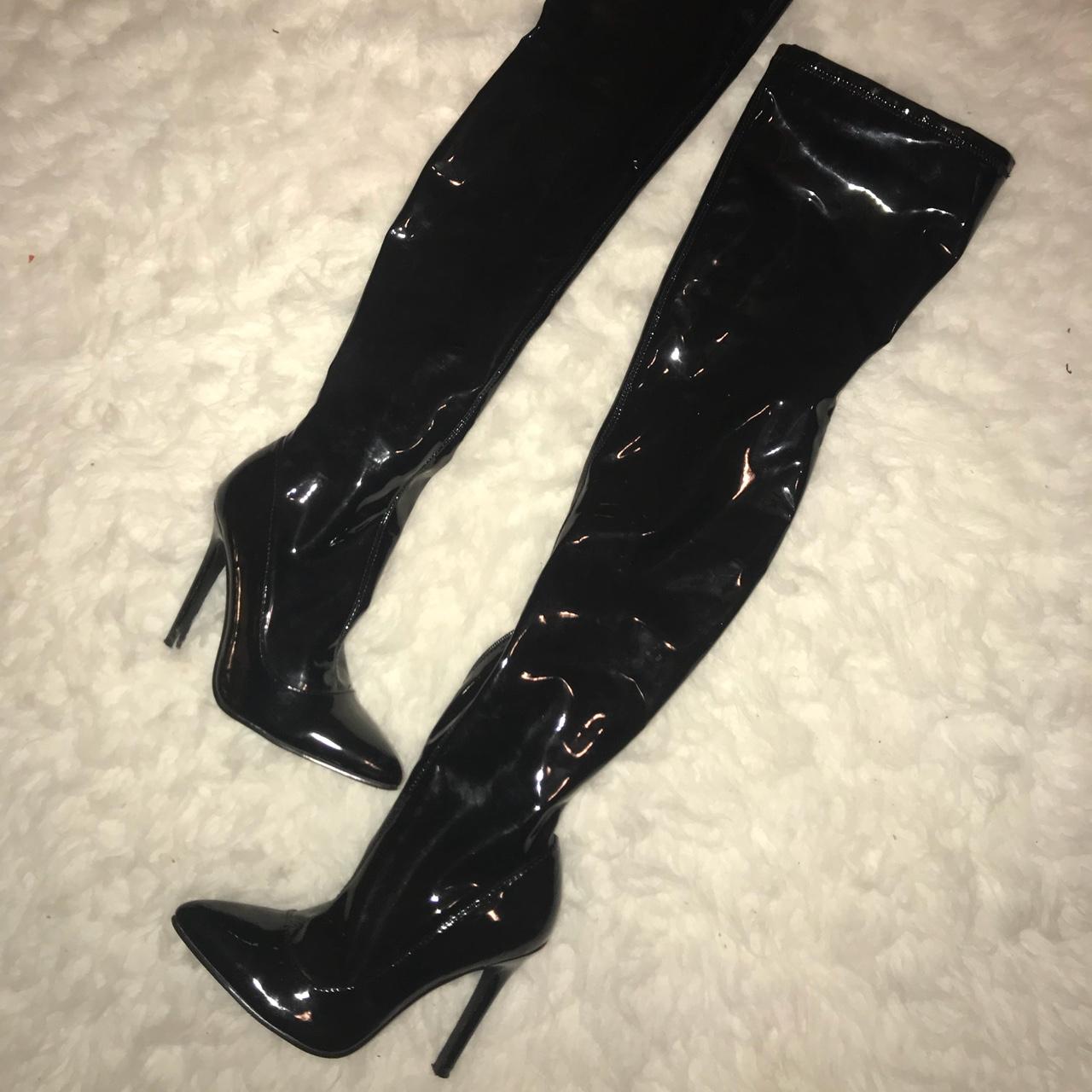 Black rubber thigh high 2024 boots