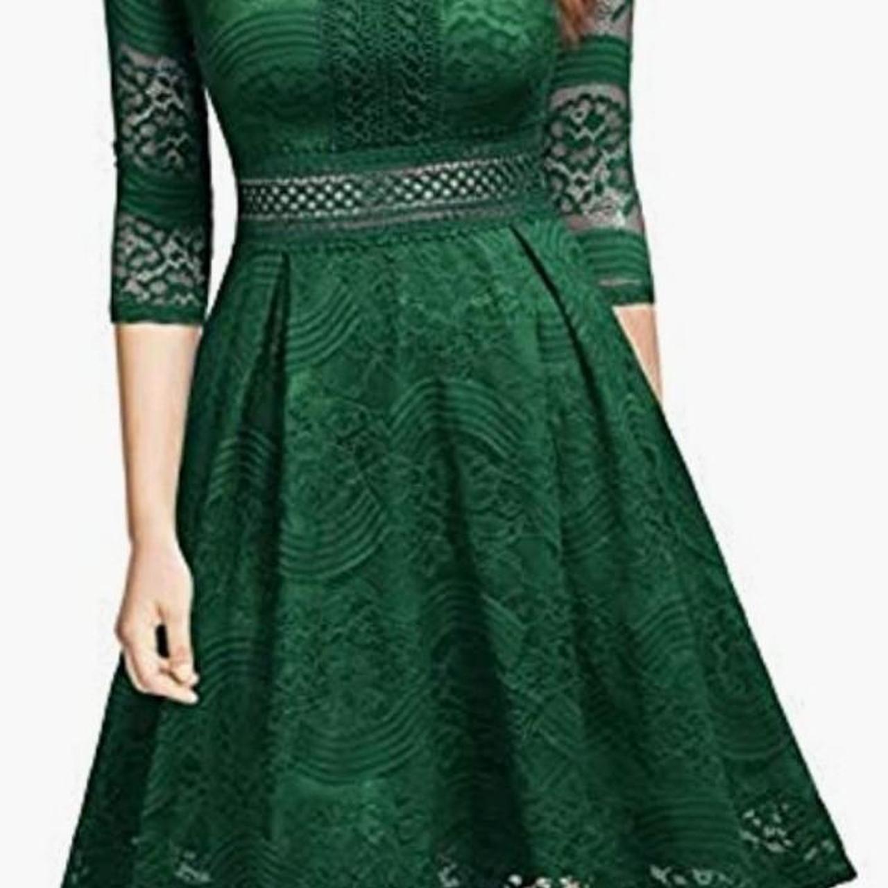 Vintage-style green lace midi dress A-line shape... - Depop