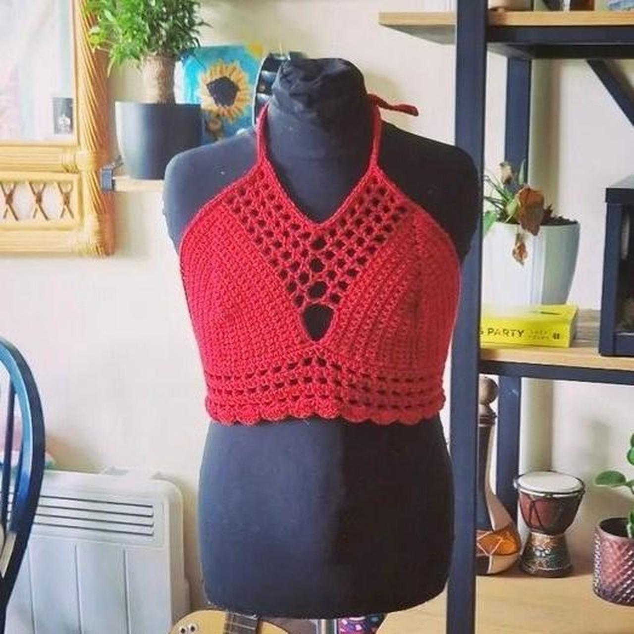 Handmade crochet caged halter top in red 100 cotton... Depop